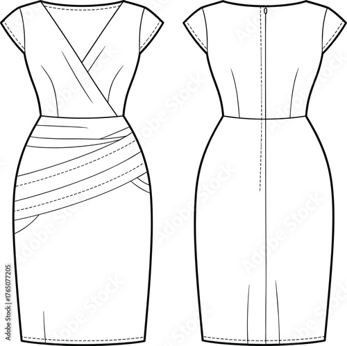 Surplice dress sketch, technical flat, front view, back view, draped skirt, cap sleeves, fitted silhouette, garment construction, vector illustration