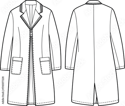 Tailored coat technical sketch, front and back view, fashion flat, notched lapel, lace trim, patch pockets, zipper closure, vented back