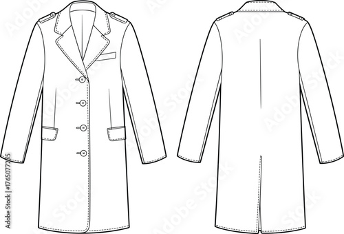 Tailored coat technical sketch, front and back view, fashion flat, notched lapel, shoulder epaulets, flap pockets, button closure, vented back