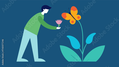 A person admiring a butterfly pollinating a flower in their garden representing the connection to nature and the environment that can be fostered through gardening.. Vector illustration