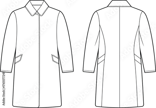 Technical coat flat sketch, front and back view, pointed collar, welt pockets, tailored fit, long sleeve, center seam, vector illustration