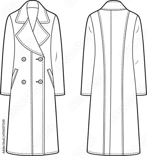 Technical coat flat sketch, front and back view, double-breasted design, notched lapel, princess seam, long sleeve, vector illustration