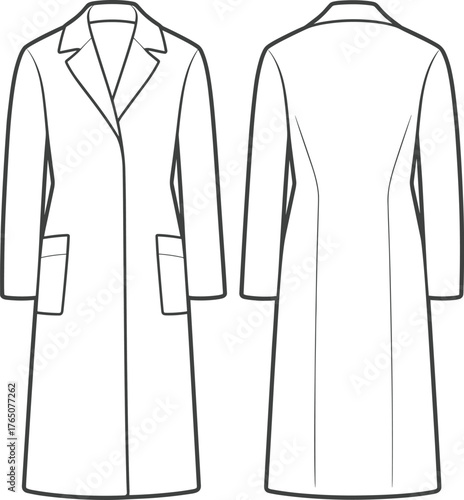 Technical coat flat sketch, front and back view, single-breasted design, notched lapel, patch pockets, princess seam, vector illustration