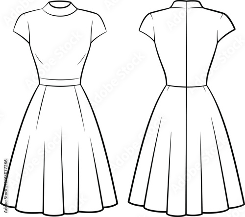 Technical dress sketch, fashion flat, front view, back view, fitted bodice, flared skirt, short sleeves, high neckline, garment construction, vector illustration
