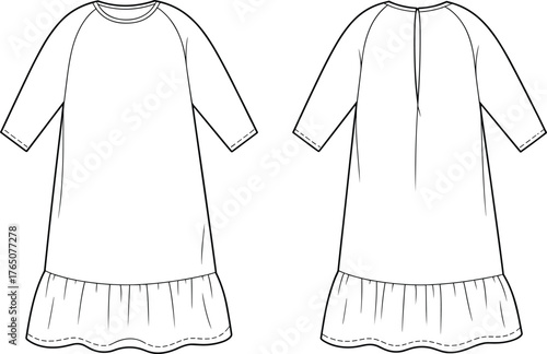Technical fashion dress sketch, front and back view, raglan sleeve, A-line silhouette, ruffled hem, keyhole back, vector illustration