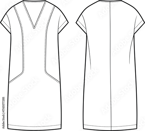 Technical fashion flat sketch, front and back view, V-neck dress, short sleeve, integrated pockets, straight silhouette, vector illustration