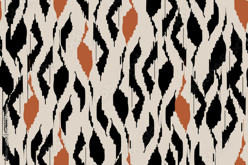 Modern Abstract Black and Brown Ikat geometric shapes Seamless Pattern. Tribal-inspired texture with a digital woven look. perfect for fabric prints, wallpaper, fashion textiles, and home decor. 