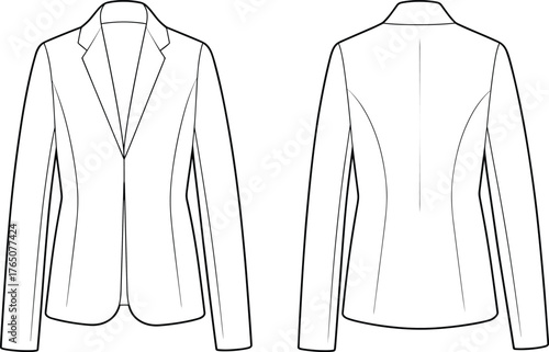 Women's blazer technical sketch, front and back view, notched lapel, princess seam, single button, fashion flat, garment construction, vector illustration