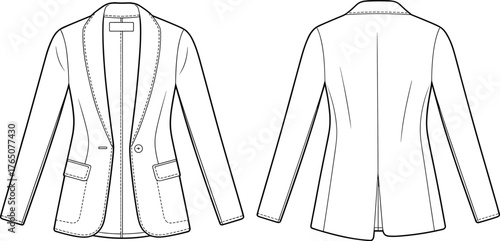 Women's blazer technical sketch, front and back view, fashion flat, notched lapels, single button, flap pockets, princess seams, back vent