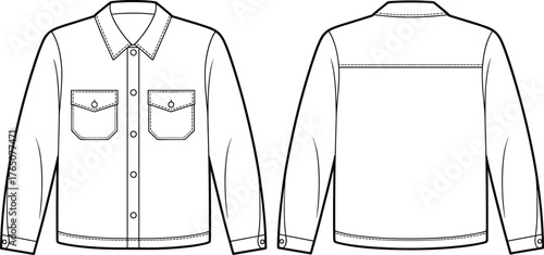 Women's button-up shirt sketch, front and back view, chest pocket blouse, pointed collar design, fashion flat, vector illustration, topstitch detail