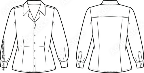 Women's blouse technical sketch, front and back view, button-up shirt, pointed collar design, fashion flat, vector illustration, tailored fit