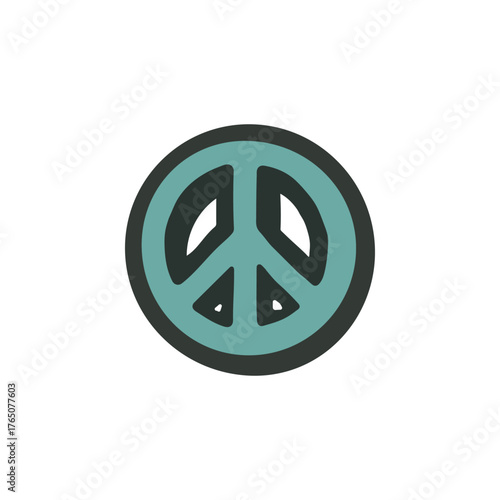 Circular peace symbol in a dark turquoise and slate gray color palette, a stylized, hand-drawn vector illustration representing international non-violence, unity, and universal harmony.