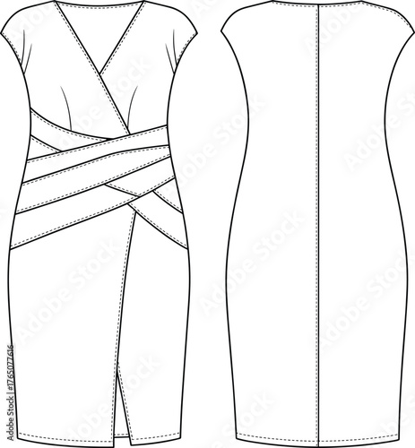 Women's dress technical sketch, front and back view, wrap bodice, pleated waist, V-neckline, fashion flat, garment construction, vector illustration