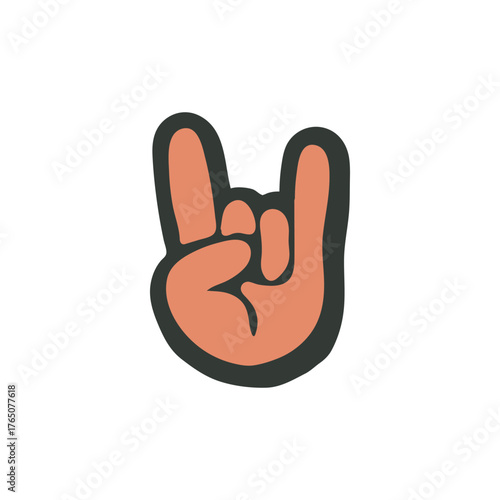 Hand showing the iconic rock and roll sign with index and pinky fingers extended, a stylized and slightly distressed retro vector illustration