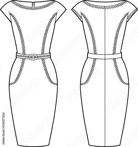 Women's dress technical sketch, front and back view, zigzag seam detail, cap sleeve, pencil skirt, fashion flat, garment construction, vector illustration