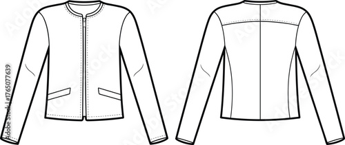 Women's jacket flat sketch, front and back view, round neck coat, slanted pocket design, fashion technical drawing, vector illustration