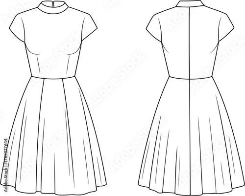 Women's flared panel dress, fashion flat sketch front back, short sleeve, high neckline, fitted bodice, technical garment illustration