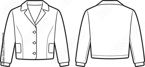 Women's jacket technical flat, fashion illustration front back view, notched lapel, welt pockets, button closure, cuff sleeve design