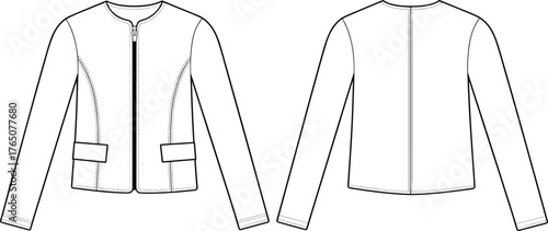 Women's jacket technical sketch, front and back view, fashion flat, round neckline, flap pockets, front zipper, curved seams, long sleeves