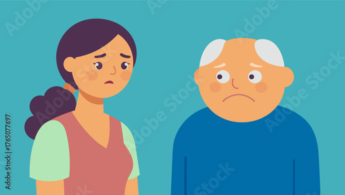 A caregiver looking worried as they watch their client with dementia staring off into the distance with a confused expression lost in thought.. Vector illustration