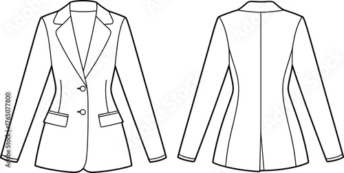 Women's tailored blazer sketch, front and back view, two-button coat, notched lapel design, fashion flat, vector illustration, vented hem
