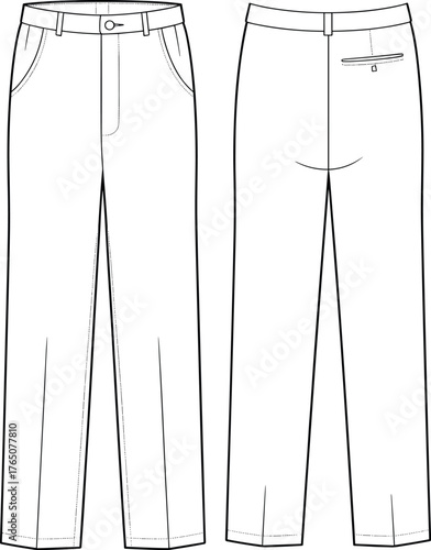 Women's trousers technical sketch, front and back view, straight-leg pants, belt loops, center crease, fashion flat, vector illustration