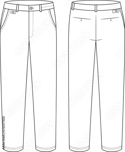 Women's trousers technical sketch, front and back view, straight-leg pants, belt loops, welt pockets, fashion flat, vector illustration