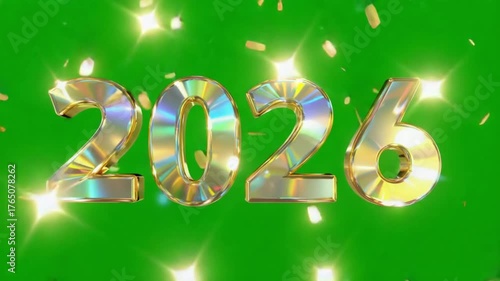 Golden holographic 2026 with confetti and star sparkles on a vibrant green screen background effect video