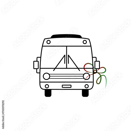 Minimalist line art icon of a travel bus with a decorative ribbon, isolated on transparent background for transportation and tourism concepts