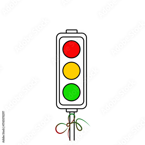 Minimalist line art icon of a traffic light with colored signals and a decorative ribbon, isolated on transparent background for travel and transportation themes