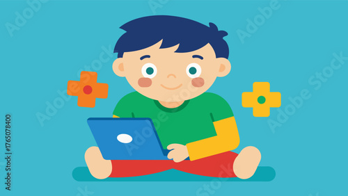 A child playing a game on a tablet designed to help improve their social skills and communication abilities as part of their therapy for autism spectrum disorder.. Vector illustration
