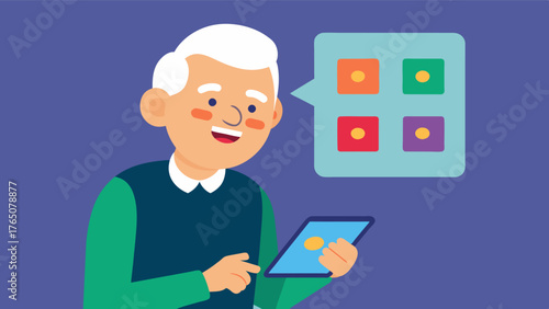 A man in his 70s smiling as he plays a memory matching game on his tablet improving his cognitive function and staving off agerelated memory loss.. Vector illustration