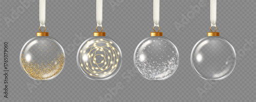 Collection of hanging glass Christmas ornaments with confetti, garland, snow, and empty. Vector illustration in 3D style