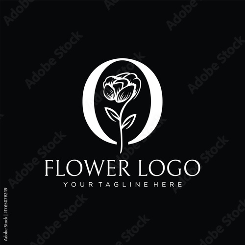 Letter O Rose Flower Logo Design, White logo on Black Background, Vector Illustration.