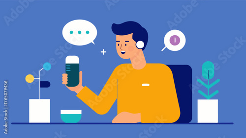 A man using a voiceactivated home assistant to set reminders for taking medication at specific times to improve cognitive function.. Vector illustration