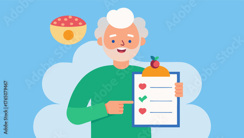 A picture of an elderly person with a whiteboard displaying a list of healthy brain foods and meal ideas to support brain health and prevent diseases like dementia.. Vector illustration