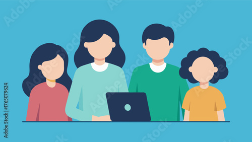 A family huddled around a laptop researching hoe care and discussing the benefits and drawbacks of different options.. Vector illustration