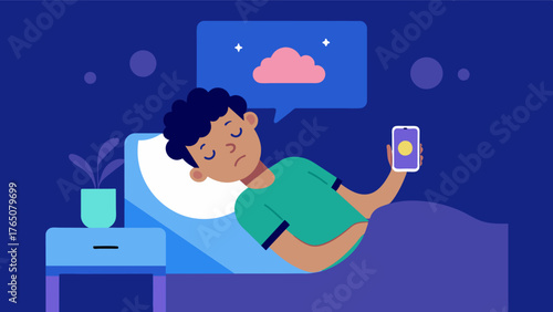 A person lying in bed unable to sleep but using a cognitive therapy app to guide them through relaxation techniques. Vector illustration