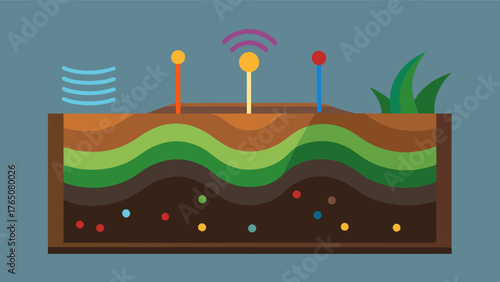 A patch of soil with different colored lines showing the varying moisture and nutrient levels as monitored by IoT sensors.. Vector illustration