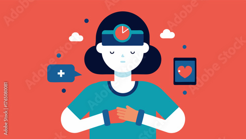 A person wearing a smarch that tracks their stress levels and offers virtual support and resources for managing caregiver burnout.. Vector illustration