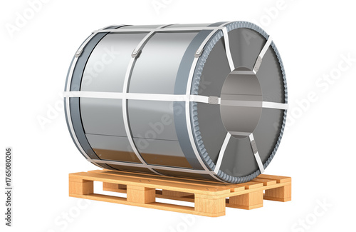 Roll of sheet steel on wooden pallet, 3D rendering