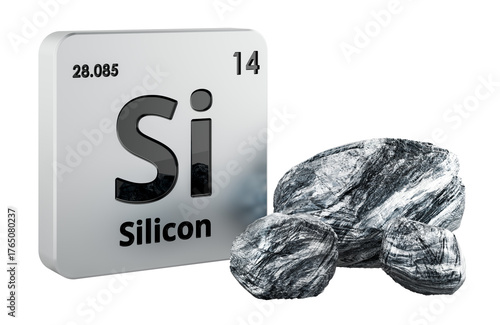 Silicon element symbol and raw silicon stones, 3D rendering