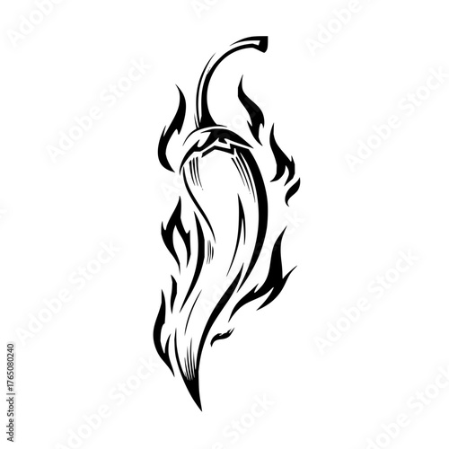 Illustration of a stylized black chili pepper with flame like accents on a white background art