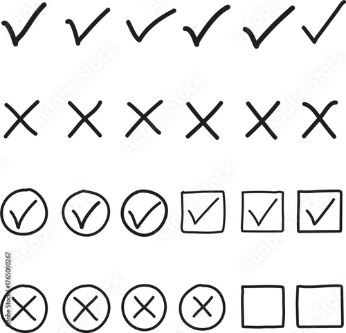 Collection of hand drawn check marks and crosses in circles and squares for voting and decision making