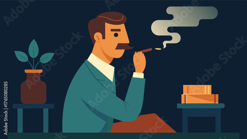 A man smells cigar smoke and is transported back to his grandfathers study where he would sit and listen to stories of the past.. Vector illustration