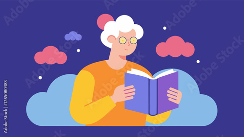 A person with Alzheimers disease using an interactive storybook as a form of therapy with the book helping to trigger and improve memory recall.. Vector illustration