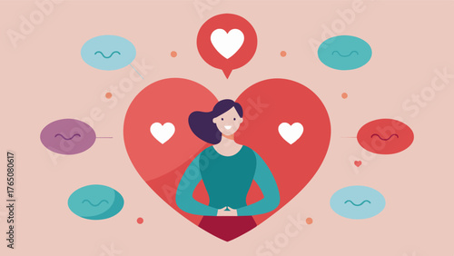 A person surrounded by a heartshaped bubble with affirmations of selflove written within illustrating the importance of selfcompassion in promoting a healthy brain.. Vector illustration