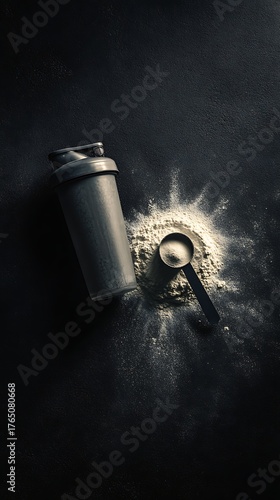 Top view of shaker and protein powder scoop on dark background. Minimalist composition for sports nutrition, workout and fitness lifestyle