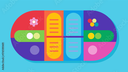 A colorful illustration of a giant pill organizer with each compartment labeled with a different cognitive function memory focus mood etc.. This concept highlights how proper. Vector illustration