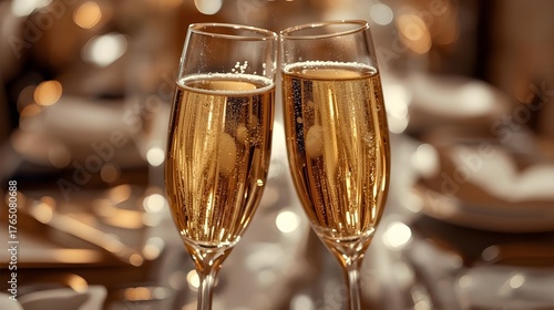 A pair of glasses of champagne A sophisticated table setting and golden bubbles clinking in celebration
